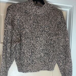 Black and White Cowl Neck Sweater with Chunky Knit Texture
